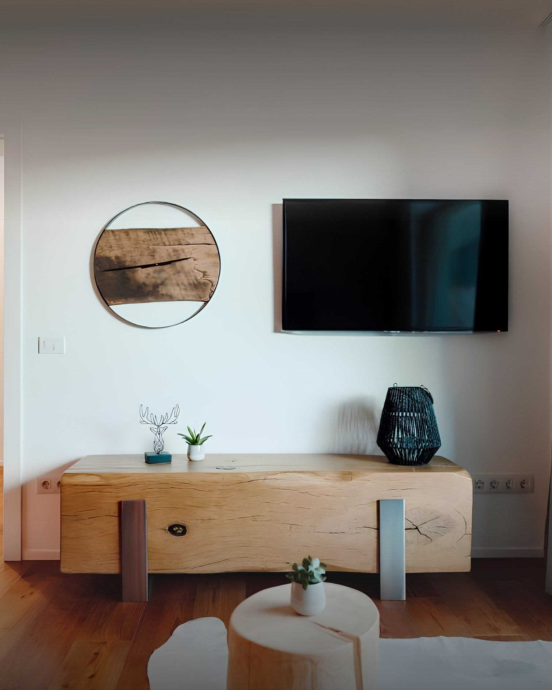 Moderner Wohnbereich mit Massivholz-Sideboard und Smart-TV in der Ferienwohnung Reichenau